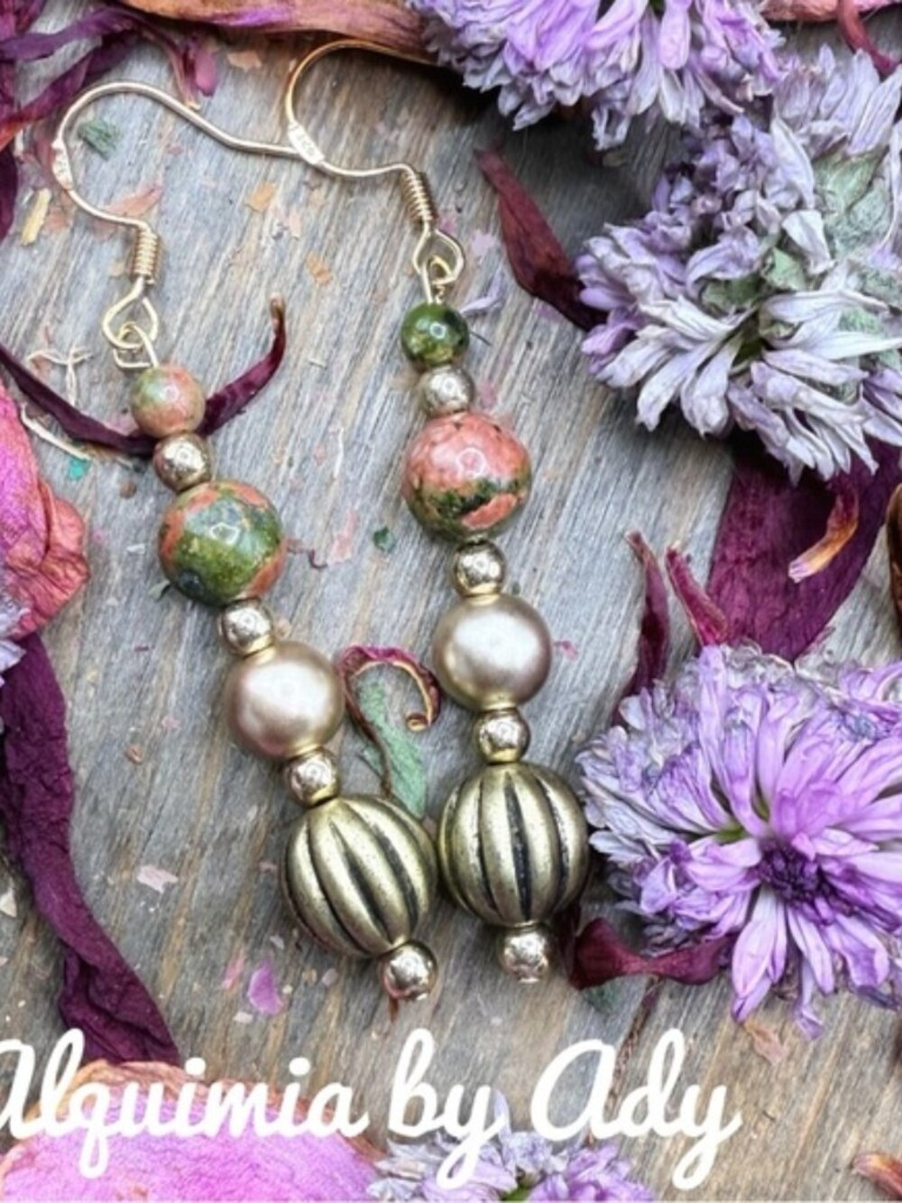 Green and Pink Stone Bead Drop Earrings with Antique Gold Accents
